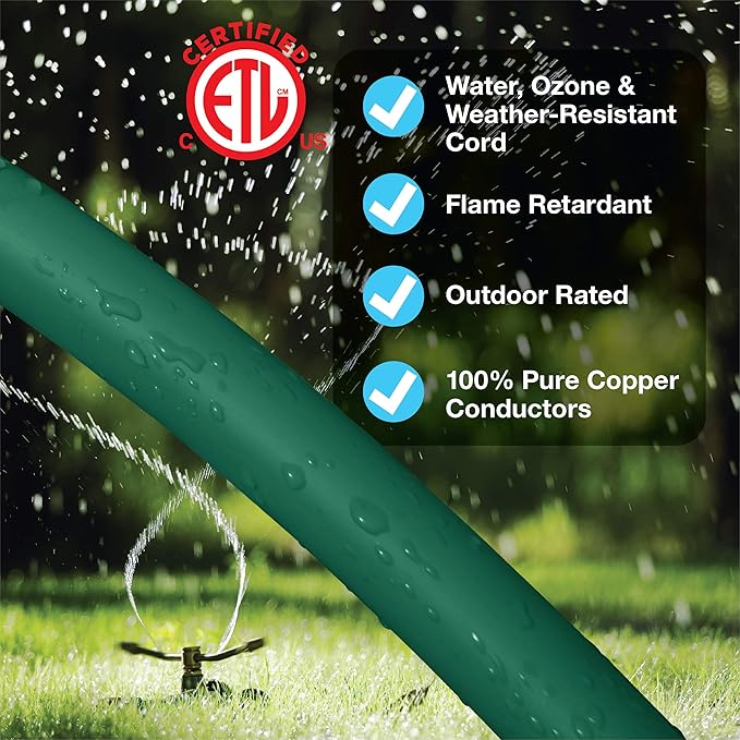 Clear Power 35 ft 3 Outlet Lawn & Garden Outdoor Extension Cord 16/3 SJTW, Green, Water & Weather Resistant, Flame Retardant, 3 Prong Grounded Plug, CP10194