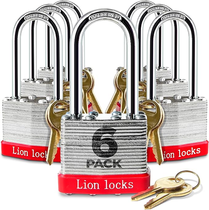 Lion Locks 6 Keyed Alike Padlocks with 2" Long Shackle, 12 Keys - Padlocks for Outdoor Use, Locks with Keys, Hardened Steel Case, Pick Resistant Brass Pin Cylinder for Hasp Latch, Locker, Gate