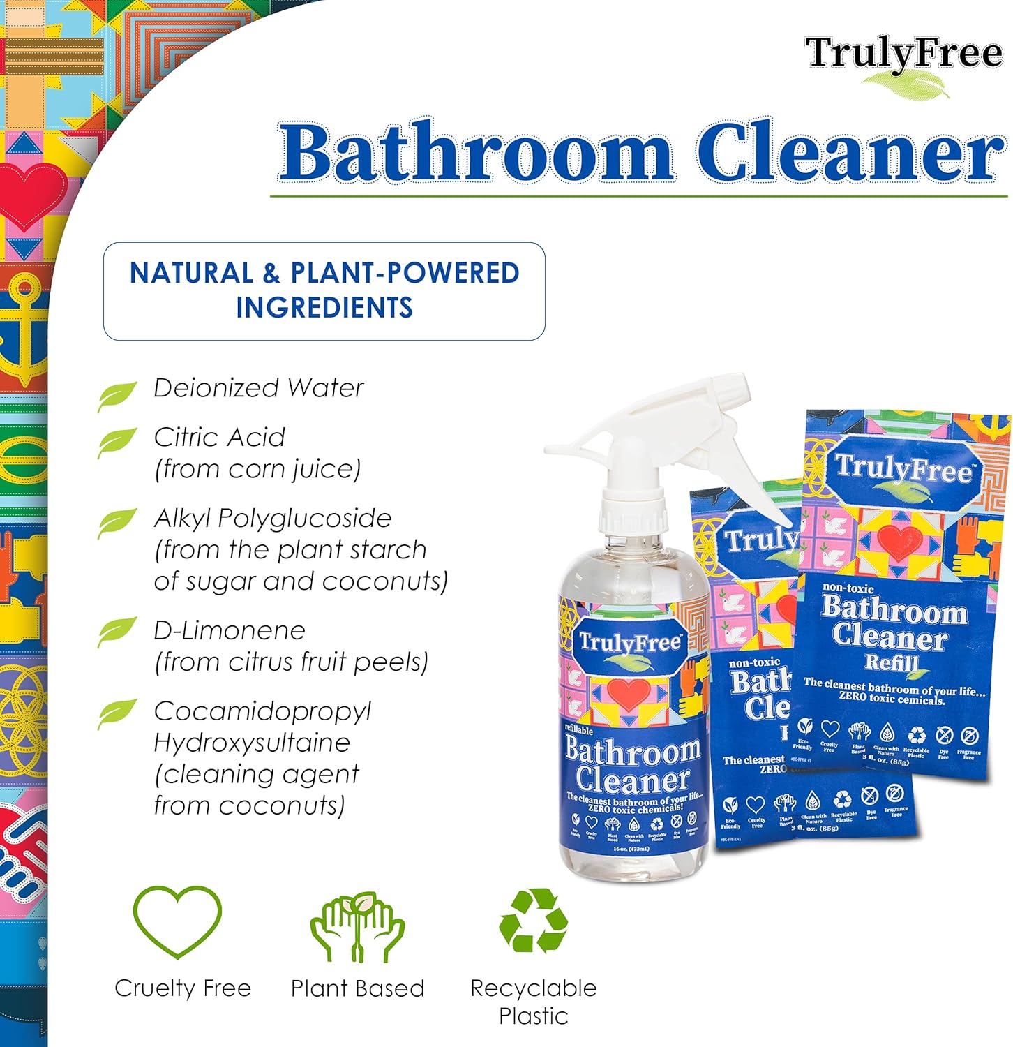 2-Pack TrulyFree Bathroom Cleaner - Cleaning Spray, for Toilet, Sink, Tub, Shower - Includes: 16-oz Spray Bottle, One refill pouch used for initial fill and one pouch for Refill when needed (3 oz)