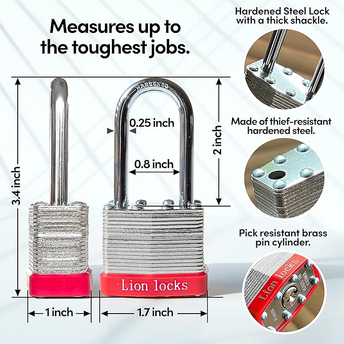 Lion Locks 12 Keyed Alike Padlocks with 2" Long Shackle, 24 Keys - Padlocks for Outdoor Use, Locks with Keys, Hardened Steel Case, Pick Resistant Brass Pin Cylinder for Hasp Latch, Locker, Gate