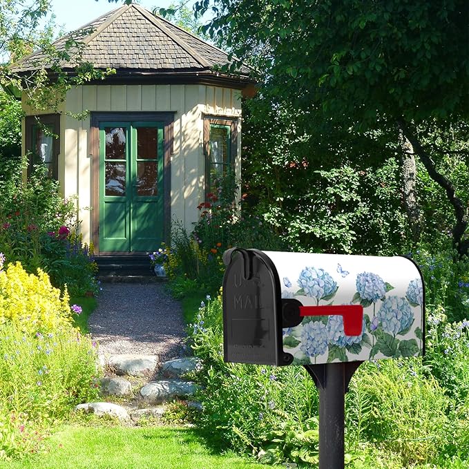 Hydrangea Flowers Magnetic Mailbox Cover Spring Summer Blue Floral Mailbox Covers Standard Size 18 x 21 Inch Outdoor Letter Post Box Wraps for Garden Yard Home Decor