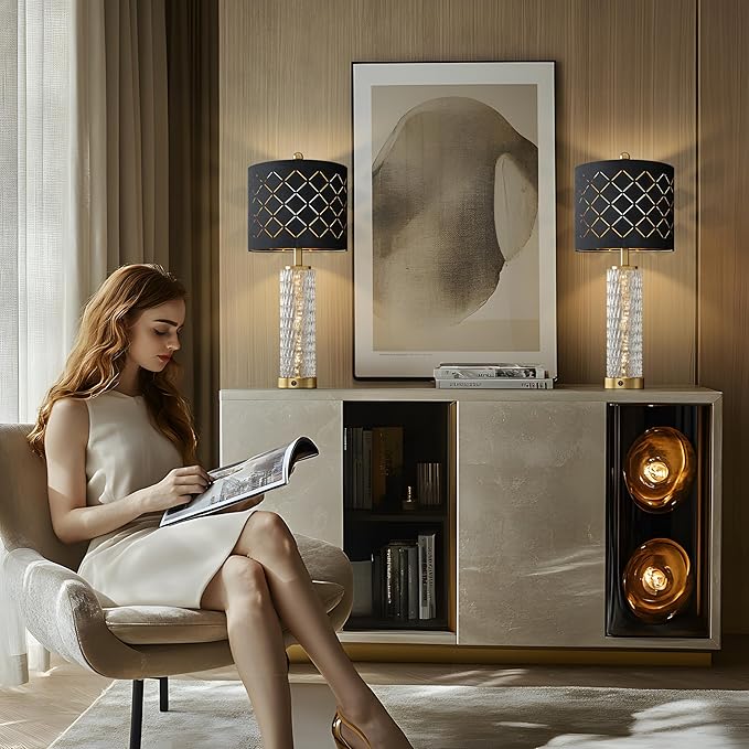 Oneach 27.75" Modern Table Lamps Set of 2, Gold Bedside Lamp with Crystal Nightlight, USB A+C, Black Grid Shade, Unique Desk Lamps for Living Room, Bedroom, Nightstand, End Table (2 Bulbs Included)