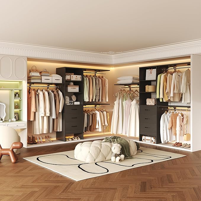 8FT Closet System, 96'' Closet Organizer System with 3 Hanging Rods, Wall Mount Bedroom Wardrobe with 3 Drawers Walk-in Closet, Adjustable Cloth Garment Rack from 5 to 8FT (Cut to Fit), Black