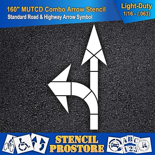 Pavement Stencils - 160 inch - Straight & Turn Combo Arrow KIT for MUTCD, FHWA, Road & HWY DOT - (3 Piece) - 160" x 90" x 1/16" (63 mil) - Light-Duty