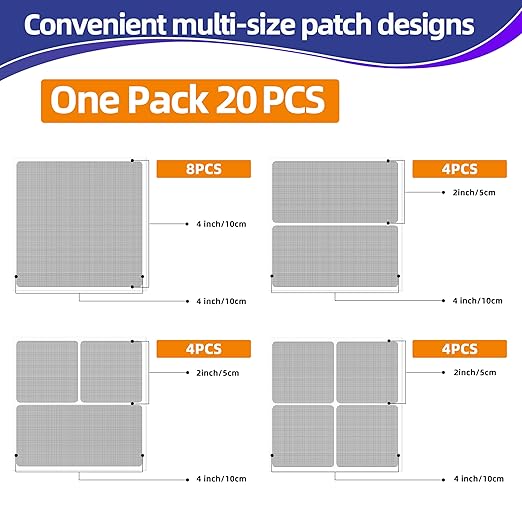 KING MOUNTAIN Grey Window Screen Repair Patch, 20Pcs 4" x 4" Heavy Duty Screen Repair Tape for Window Screen and Screen Door Tears Holes,Strong Adhesive & Waterproof Window Screen Repair Kit