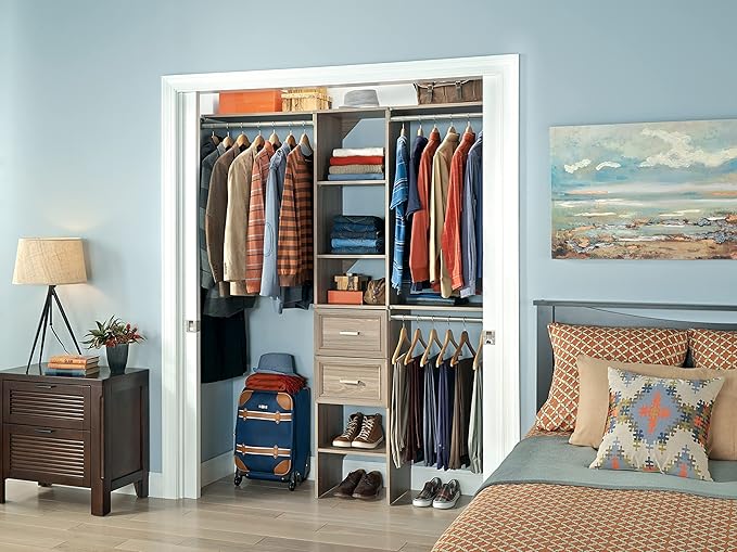 ClosetMaid SuiteSymphony Wood Closet Organizer Starter Kit with Tower and 3 Hang Rods Shelves, Adjustable, Fits Spaces 4 – 9 ft. Wide, Natural Gray, 16"