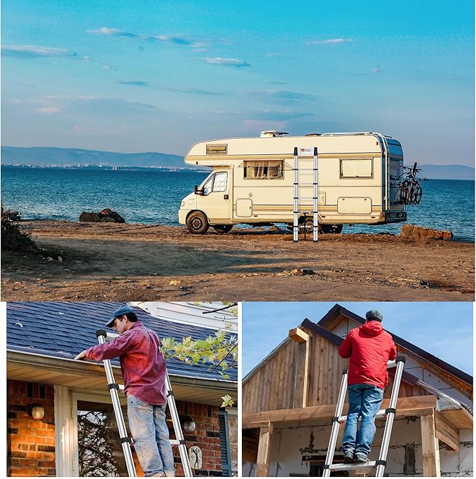 Telescoping Ladders 10.5 FT Aluminum Ladder - One-Button Retraction Collapsible Extension Ladder for Home,RV,Attic & Loft, Lasts 330 LBS with 2 Triangle Stabilizers and 2 Detachable Hooks
