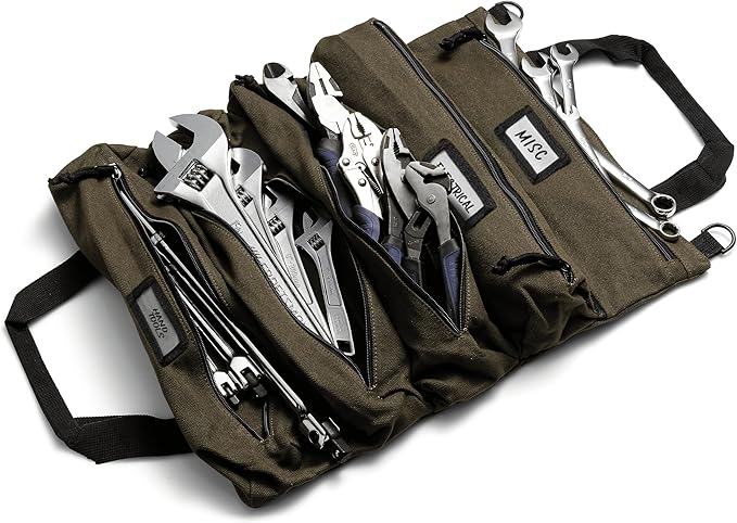 Official Voyager Tool Roll Bag - Easy to Carry 5-Pocket Roll Up Tool Bag - Durable 20oz Canvas, Rust-Proof YKK Zippers & Secure Buckle - A Gift for Dads, Mechanics, Electricians & Hobbyists| ArmyGreen