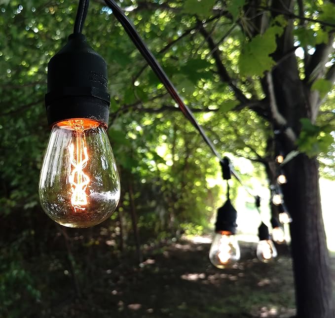 Hometown Evolution, Inc. E26 Outdoor Commercial String Lights with Suspended Socket for Weatherproof Heavy Duty Vintage Outside Lighting (S14 Zig Zag Edison 11 Watt Bulbs, 50 Foot 25 Socket)