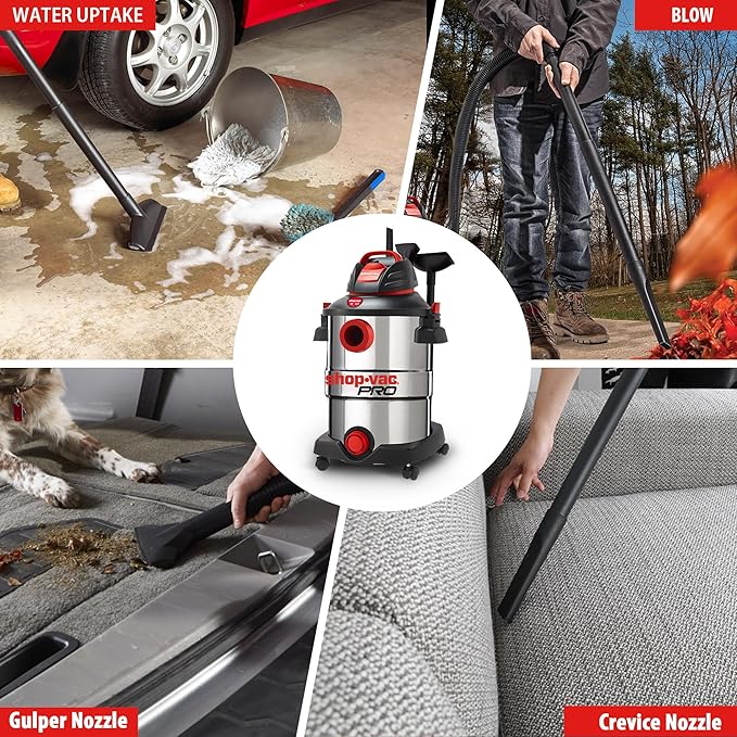 Shop-Vac 12 Gallon 6.0 Peak HP Wet/Dry Vacuum, Stainless Steel Tank, 3 in 1 Function Portable Shop Vacuum with Attachments, Drain Port, Ideal for Jobsite, Garage & Workshop. 5926211