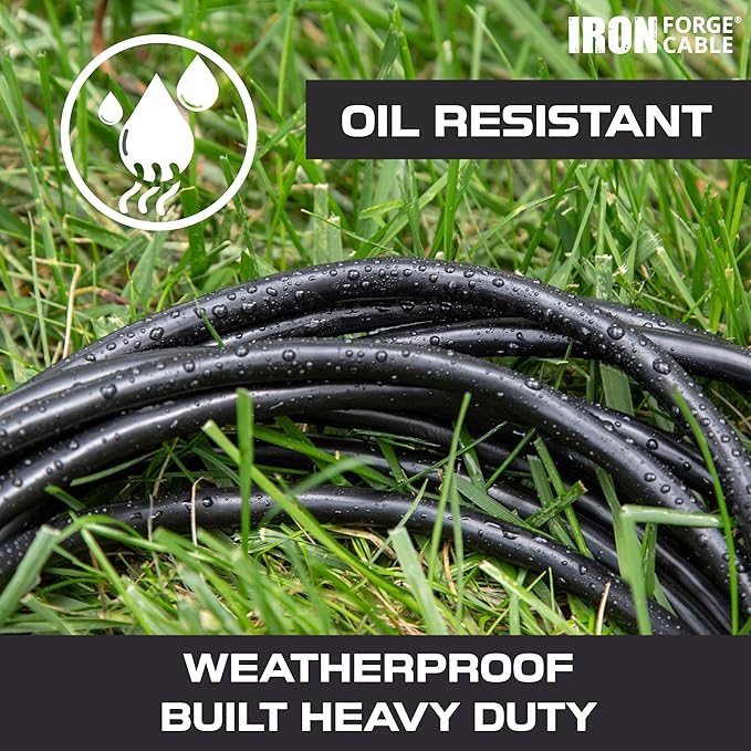 Iron Forge Cable 12 Gauge Extension Cord with Multiple Outlets - Black Heavy Duty Extension Cord 50 ft - 12/3 SJTOW, 3 Prong Lighted Outlet Cords