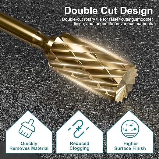 10Pcs 1/4'' Shank Double Cut Burr Set, Carbide Rotary Files Bits for Die Grinder Metal Wood Concrete Plastic Grinding Carving Engraving Drilling Polishing Cutting