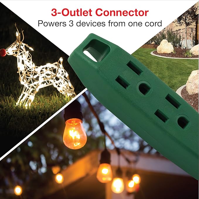 Clear Power Outdoor Extension Cord - 9 FT, Green | Lawn & Garden, 16/3 SJTW, 3-Outlet, Water & Weather Resistant, Flame Retardant, 3 Prong Grounded Plug, Perfect for Christmas and Holiday (CP10140)
