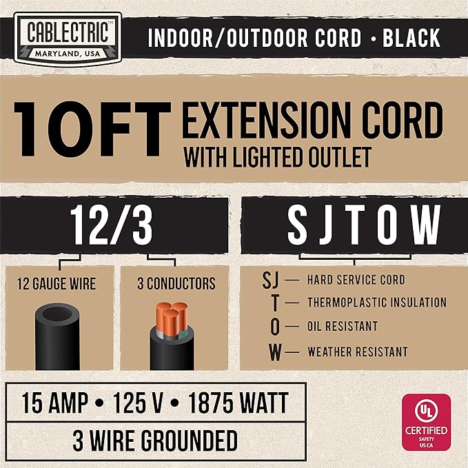 10 Ft Black Oil Resistant Extension Cord for Farms & Ranches - 12/3 SJTOW Heavy Duty 12 Gauge Outdoor Cable with 3 Prong Grounded Plug, 15 AMP