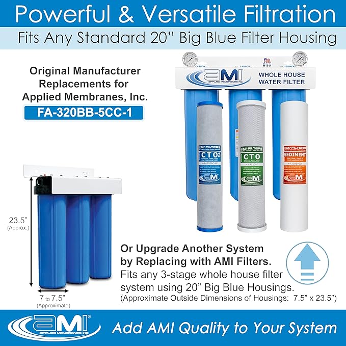Applied Membranes Inc. 3-Stage Whole-House Water Filter Cartridge Replacements, 20-Inch Carbon and Sediment Filter Cartridges