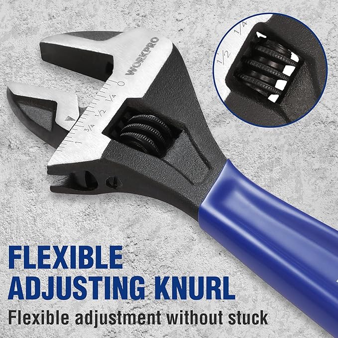 WORKPRO 4-piece Adjustable Wrench Set, 6-Inch & 8-Inch & 10-Inch & 12-Inch Wrenches, Wide Jaw Black Oxide Wrench, Metric & SAE Scales, Cr-V Steel, for Home, Garage, Workshop