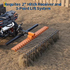 Tow Behind Landscape Rake, 48" Tow Dethatcher with 17 Steel Coil Tines, Lawn Dethatcher Rake Attaches to 48" or 60" Toolbars and 3-Point Suspension Systems, for Leaves, Pine Needles, and Grass, Orange