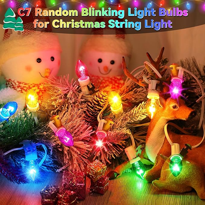 25 Pack Twinkle Christmas Replacement Bulbs, 7W Random Blinking Light Bulbs for Christmas String Light, Nightlights (Colorful,C7,E12 Intermediate Base)