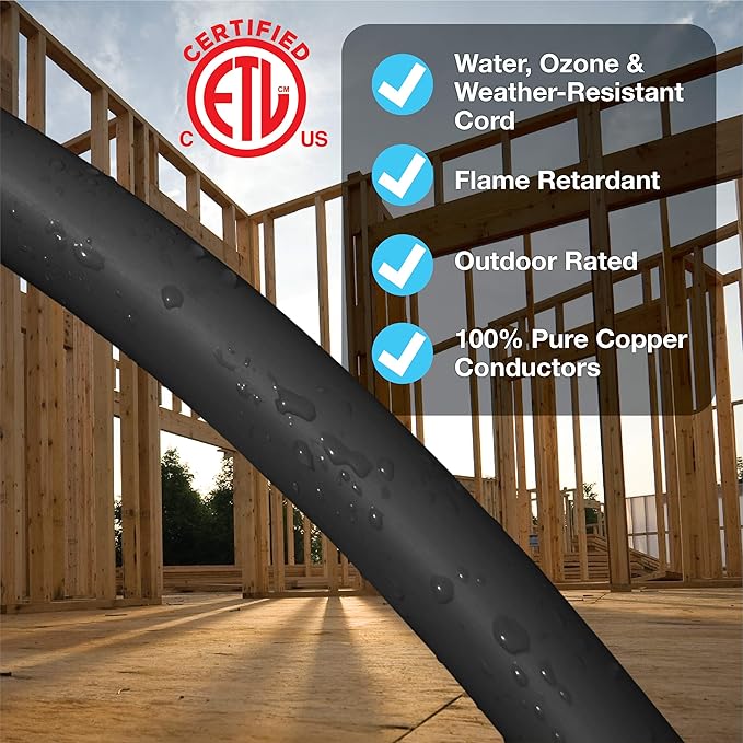 Clear Power 8 ft Indoor/Outdoor Extension Cord 16/3 SJTW, Black, Water & Weather Resistant, Flame Retardant, 3 Prong Grounded Plug, CP10122