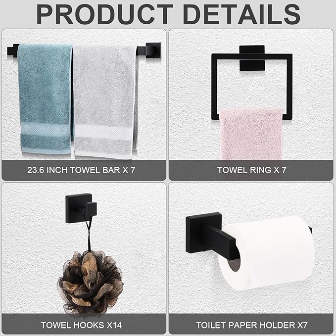 Gisafai 35 Pcs Bathroom Hardware Accessories Set 23.6 Inch Bath Towel Bar Kit Stainless Steel Bathroom Hardware Set Towel Racks Ring Hooks Paper Holder for Wall Mounted (Black)