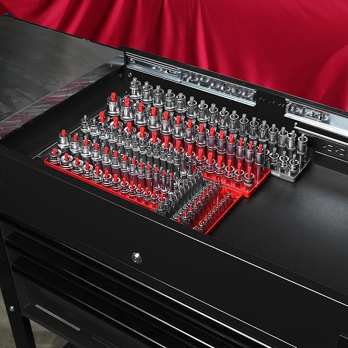 OEMTOOLS 22413 6 Piece SAE and Metric Socket Tray Set, SAE and Metric Socket Storage for Sizes 1/4", 3/8”, and 1/2" Drive, Socket Holders and Socket Organizer Tray for Toolbox, Red/Grey