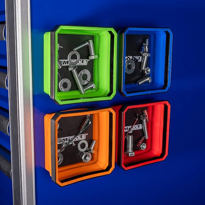 OEMTOOLS 26052 Foldable Magnetic Tray Set, Magnetic Tray for Mechanic's Small Parts, Sorting and Storage, Collapsible, 4-1/2" Square, 2 lb. Capacity, 4 Colors