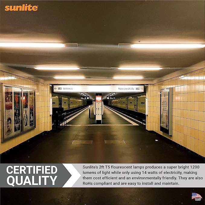 Sunlite 30305 F14T5/835 2 Foot T5 Linear Fluorescent Lamp, 14 Watts, 1200 Lumens, 3500K Neutral White, Miniature G5 Bi-Pin Base, ROHS Compliant, High Performance Straight Tube, 40 Pack