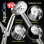 Hotel Spa AquaCare High Pressure 8-Mode Handheld Shower Head - Anti-clog Nozzles, Built-in Power Wash to Clean Tub, Extra Long 6 ft. Stainless Steel Hose, Wall & Overhead Brackets