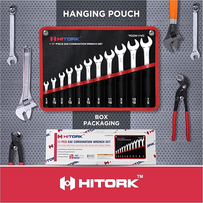 Hitork 11 Piece Combination Wrench Set with Roll Pouch, SAE Sizes (1/4" - 7/8"), Drop Forged Cr-V Steel, Chrome Plated Mirror Finish, 12 Point Box End, 15° Offset, Exceeds ANSI Standards