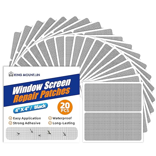 KING MOUNTAIN 20 Sheets Black Window Screen Patches, 44 in Repair Kit for Tears & Holes, Strong Adhesive Mesh Tape, Quick & Waterproof