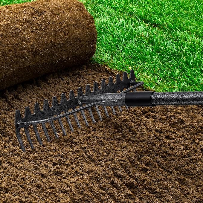 49" Rake - 17" Extra Wide Garden Tool with Double-Sided Head, Heavy Duty Lightweight Stainless Steel Construction for Mulching & Debris Removal, Leveling Lawn, Loosening Soil, Leaf Cleanup, Soil Prep