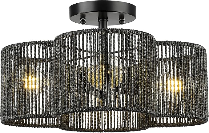 Rattan Light Fixtures Ceiling Mount, 4-Light 14" Boho Semi Flush Mount Ceiling Light with Hand-Woven Shade in Quatrefoil Shape for Kitchen Nursery Bedroom Hallway, Black, AD-22007-4SF-RA-BK
