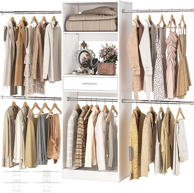 Unikito 8FT Closet System, 96 Inch Walk in Closets Organizer Kit with 4 Extendable Hanging Rods and Drawer, Adjustable Wood Garment Rack, Sturdy Closet Insert, Easy Assembly, Max Load 1000 LBS, White