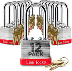 Lion Locks 12 Keyed Alike Padlocks with 2" Long Shackle, 24 Keys - Padlocks for Outdoor Use, Locks with Keys, Hardened Steel Case, Pick Resistant Brass Pin Cylinder for Hasp Latch, Locker, Gate