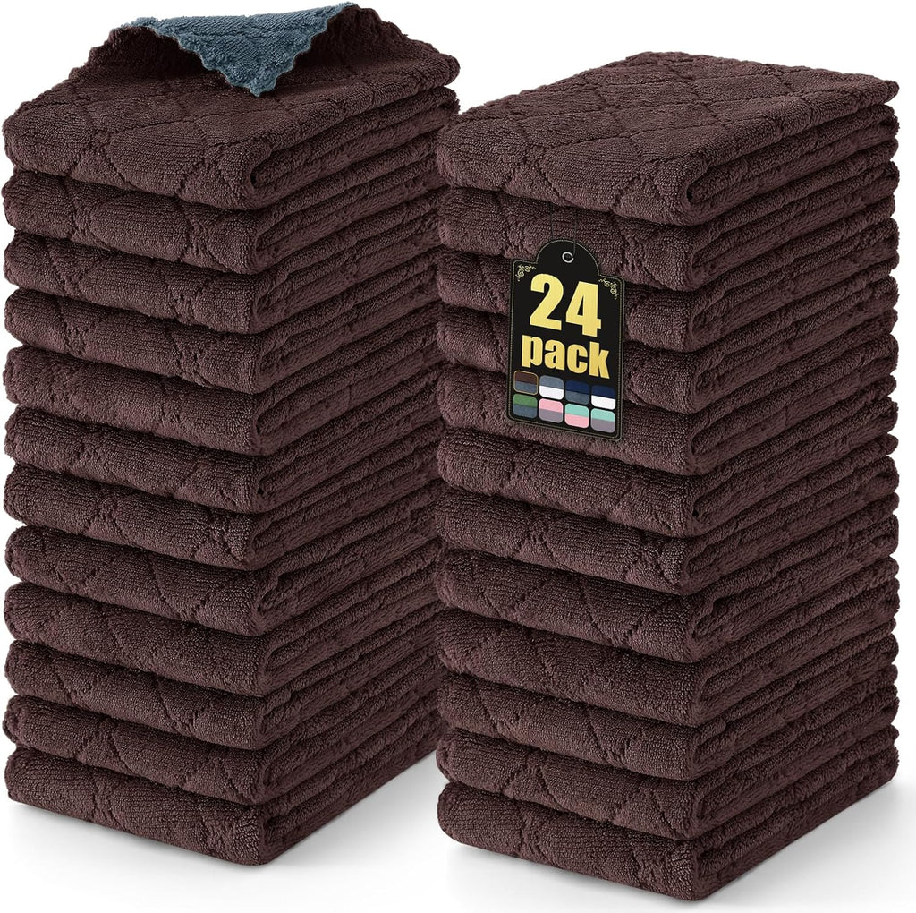 Mordimy 24 Pack Kitchen Towels (20" x 10", Dark Grey & Brown), Super Soft and Absorbent Dish Towels, Coral Velvet Microfiber Cleaning Cloth, Nonstick Oil Fast Dry Dish Cloths