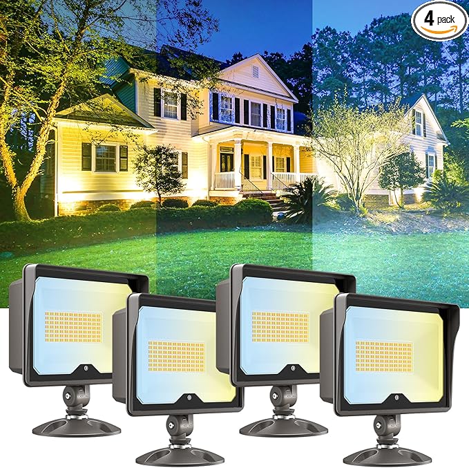 CINOTON 55W LED Flood Light 3CCT (3000K/4000K/5000K), 7700LM Dusk-to-Dawn Photocell Outdoor Security Lighting, 120V IP65 Aluminum Wall Pack for Porch/Barn, 180° Knuckle Mount, 2 Modes, ETL, 4 Pack