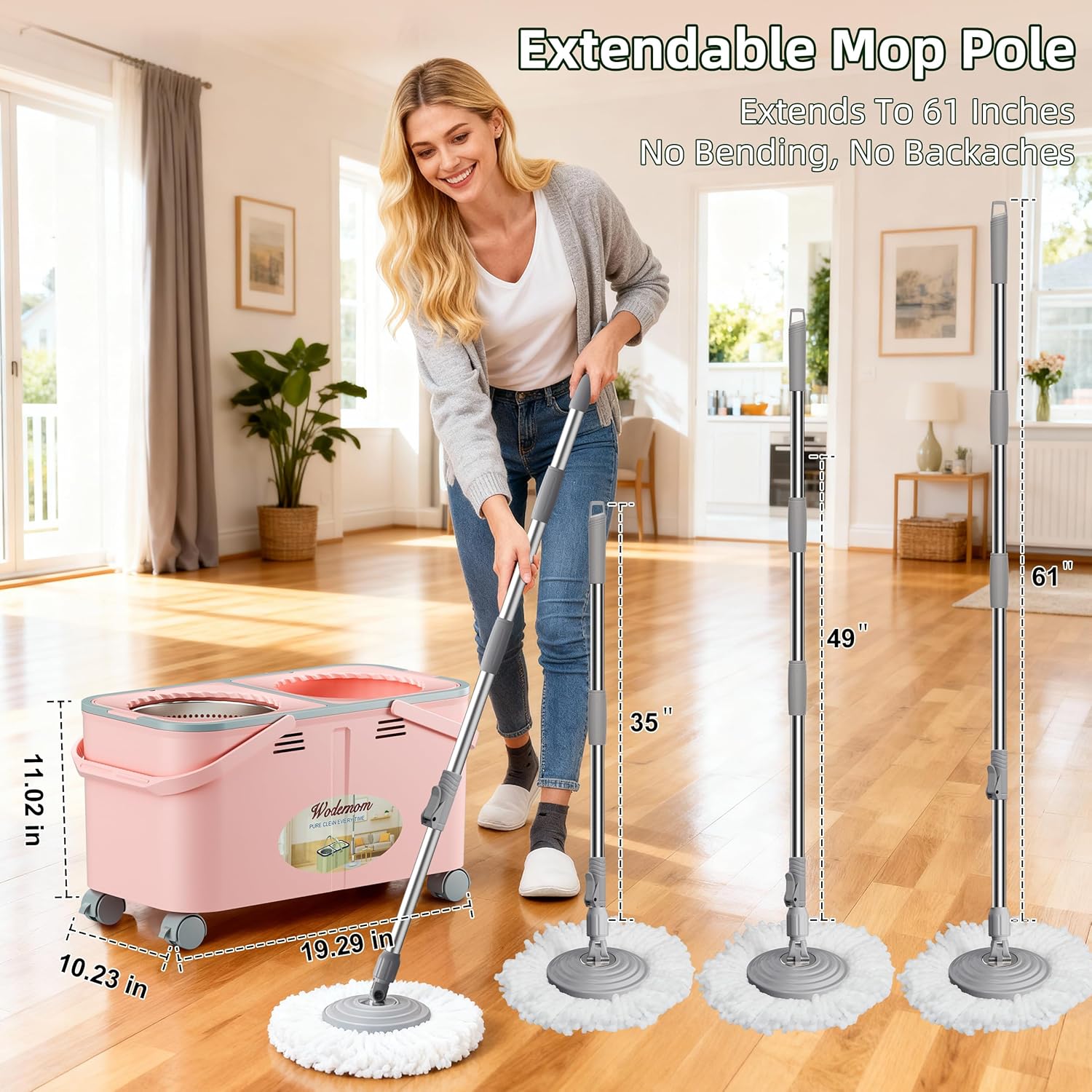 2025 Upgraded Gen 2 Spin Mop and Bucket Set with 4 Swivel Wheels for Easy Rolling, Separates Clean & Dirty Water, Floor Mop with 6 Washable Mop Heads for Wood, Tile, Vinyl, Baseboards - Pink