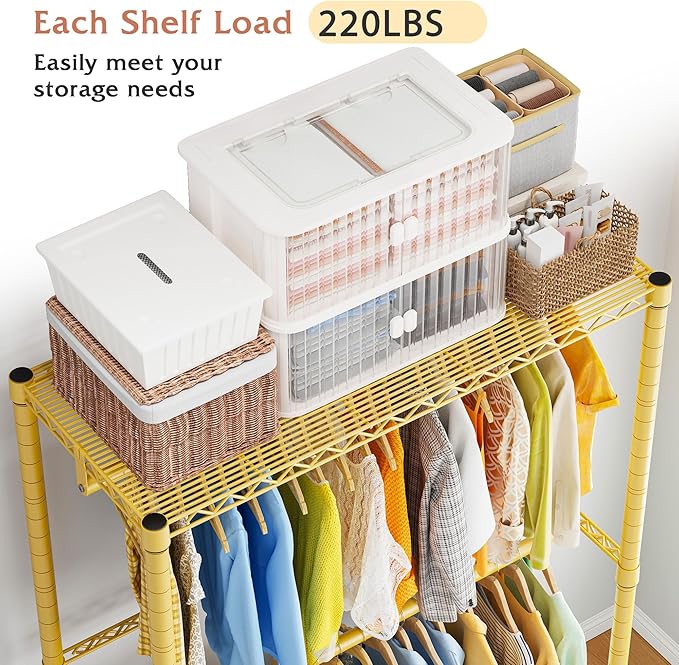 Raybee Clothing Rack with Wheels,Clothes Rack for Hanging Clothes,Portable Closet,2 Shelves,Yellow