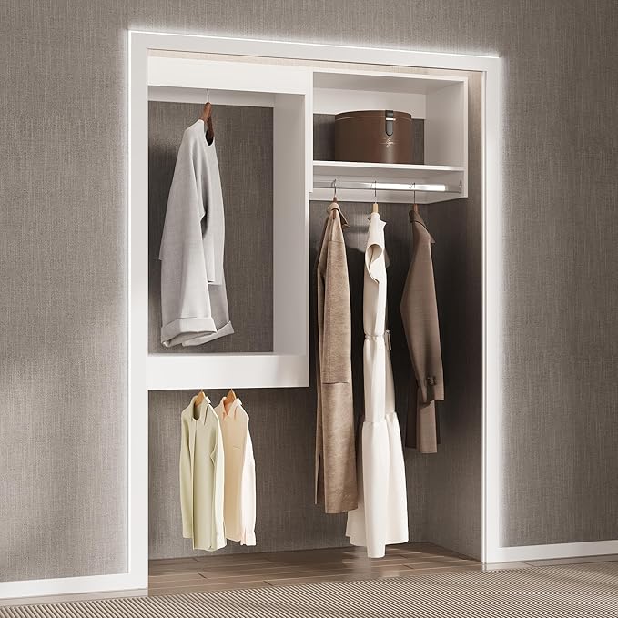 Modular Closet System, 46" Wide Closet Organizer System with Hanging, Wood Tower Closet Storage for Walk In Closets, Wall Mounted Wardrobe Organizer Kit System, Bedroom, White