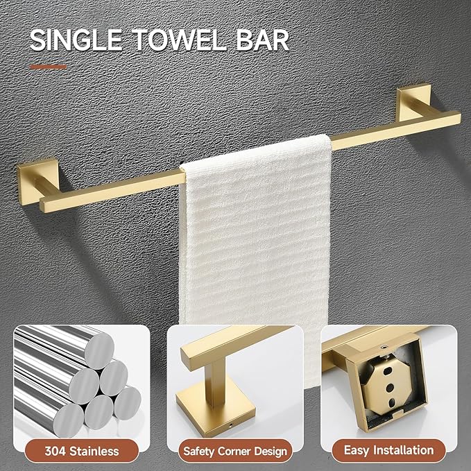 TQKAG Brushed Gold Bathroom Hardware Accessories Set 10 Pieces, 23.6" SUS304 Stainless Steel Towel Bar Set Wall Mounted Includes Single Towel Bar, Towel Ring, Toilet Paper Holder, Double Towel Hooks