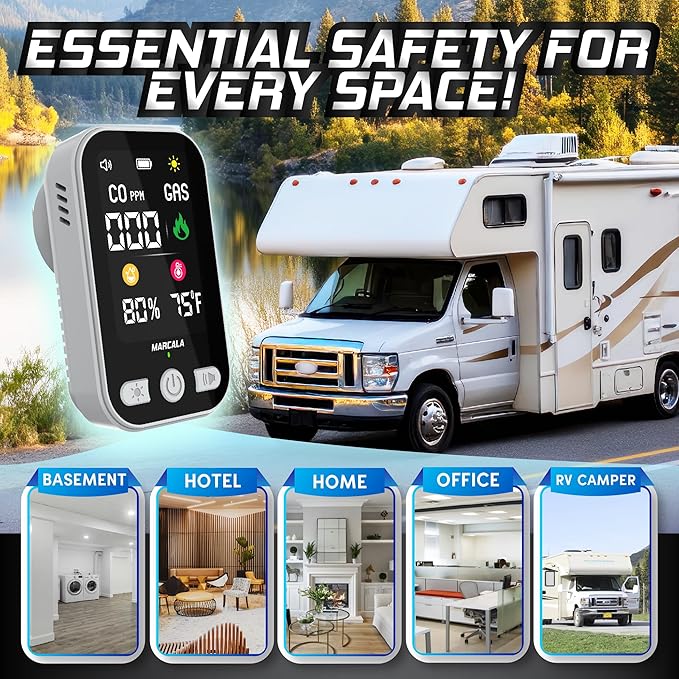 Marcala 3-Pack Travel Carbon Monoxide Detector | 2026 V2.0 4-in-1 Natural Gas & Carbon Monoxide Detectors Portable | Wall Plug-in with Backup Battery for Power Outages | Temp, Humidity, Gas & CO Alarm