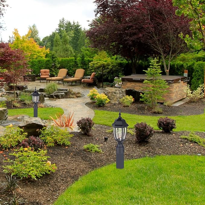 LIT-PaTH Outdoor Post Lighting Fixture Pole Lantern, E26 Medium Base Max 60W, Aluminum Housing Plus Glass, Matte Black Finish, 1-Pack