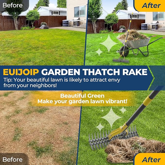 Rake, 70" Heavy Duty Metal Dethatcher Rake with 15" Wide Double-Edged Sharp Tines Thatch Rakes for Lawns,Mulch Dead Grass Removal, Loosening Soil,Lawn Care, Dethatching,Yard,Garden