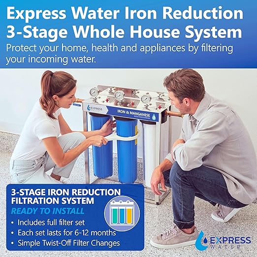 Express Water Whole House Water Filter System | IRON & MANGANESE | 3 Stage Full Home Filtration, Top-Tier Filters Removes Stains/Color on Glass-Ware, Fixtures, Laundry, Signf. Reduces Lead & Arsenic