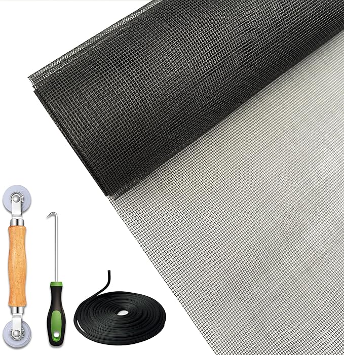 Window Screen Kit and Screen Door Repair Kit,48in x 120in Charcoal Fiberglass Mesh Includes Roller, Hook, Spline Window Door Patio and Porch Screen Replacement, Black