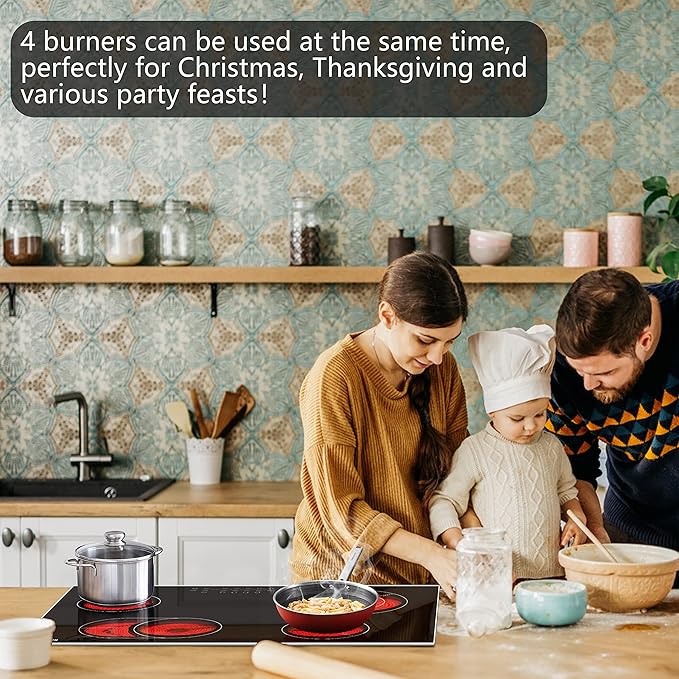 Karinear 30 Inch Electric Cooktop 4 Burners, Built-in Electric Stove top with Glass Protection Metal Frame, Expandable Burners, Multi-function Ceramic Cooktop, 220-240v Hard Wire, No Plug