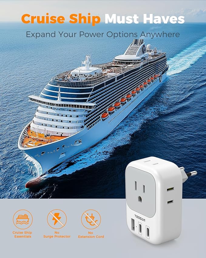 TESSAN European Travel Plug Adapter, Type C Power Adaptor with 4 AC Outlets 3 USB Ports (2 USB C), Europe Outlet Adapter for USA to EU Euro International Italy Iceland Spain France Greece Germany