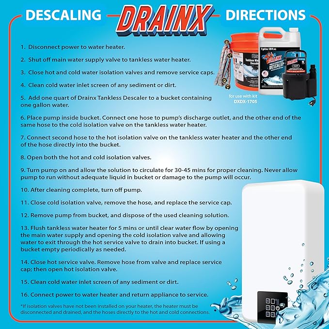 DrainX Tankless Water Heater Flush Kit with Gallon of Certified Liquid Descaling Solution for 4 Uses and 1/6HP Extra Strength Pump