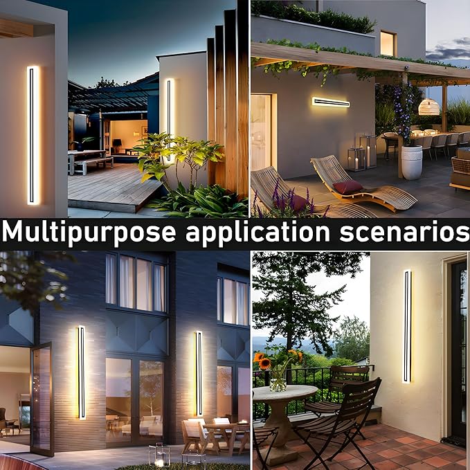 2 PACK-59inch Long Outdoor Modern LED Wall Light,Waterproof IP65 Warm White 110V led Wall Mount Lighting Fixture Rectangular Black Elegant Frosted White Acrylic Anti Rust.