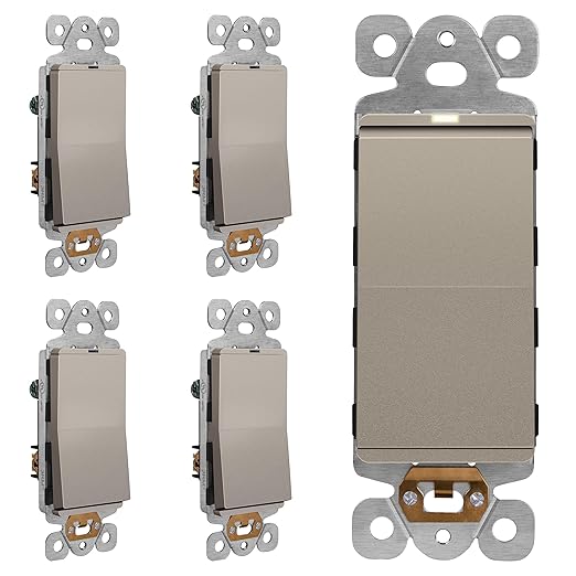 LIDER Minimalist Design Matte Finish Lighted Decorator Switch, Frameless Paddle Light Switch with Locator Light, Grounding Screw, 3-Way or Single Pole, 15A 120V, UL listed, LS15-3W-NK5P, Nickel 5 Pack